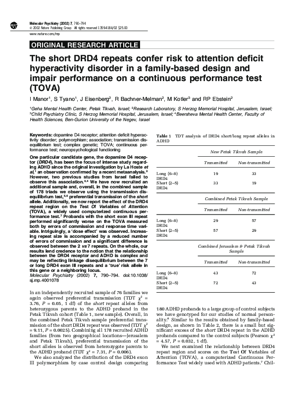 (PDF) The short DRD4 repeats confer risk to attention deficit ...