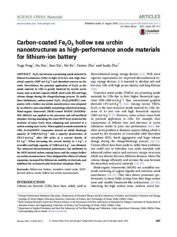 (PDF) Carbon-coated Fe2O3 hollow sea urchin nanostructures as high ...