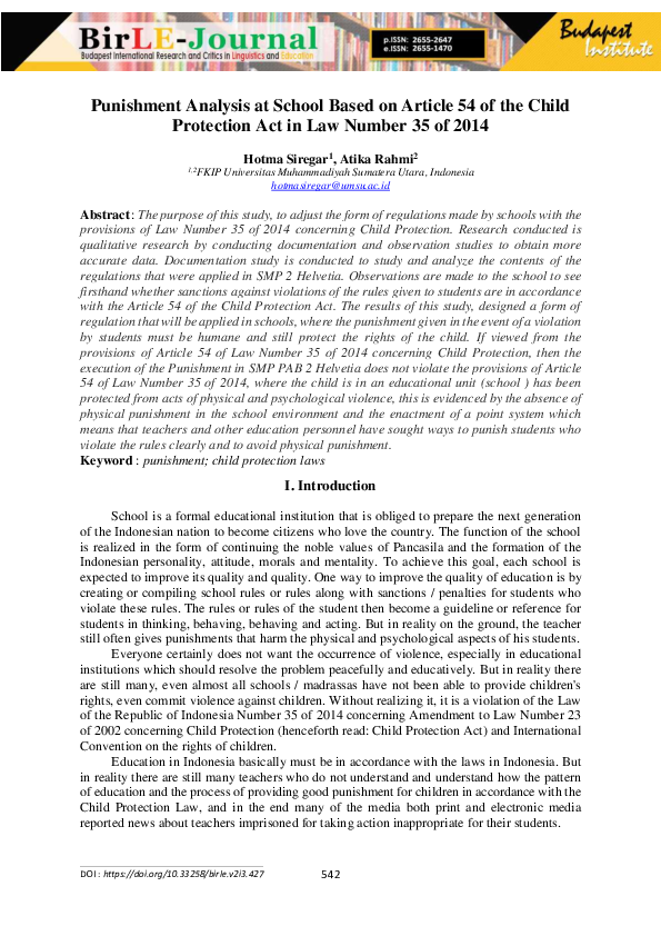 (PDF) Punishment Analysis at School Based on Article 54 of the Child ...