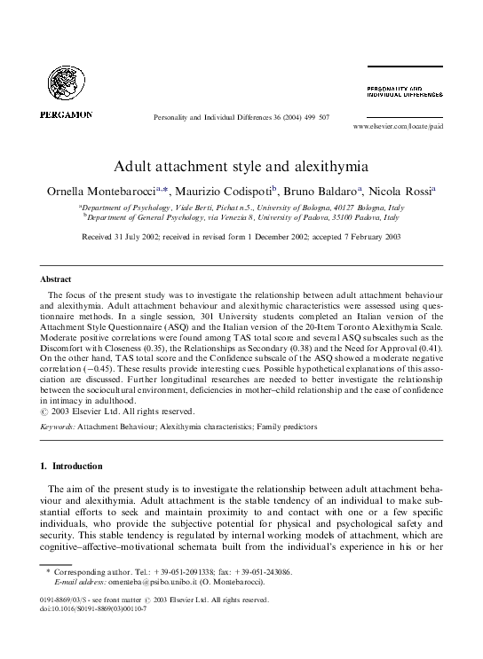 (PDF) Adult attachment style and alexithymia