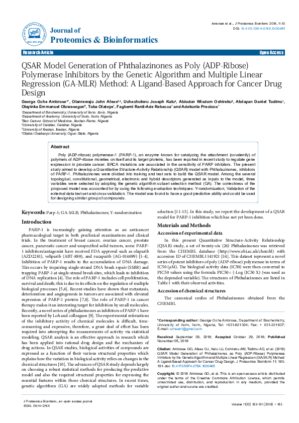 (PDF) QSAR Model Generation of Phthalazinones as Poly (ADP-Ribose ...