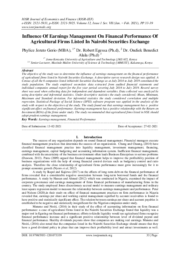 First page of “Influence Of Earnings Management On Financal Performance Of Agricultural Firms Listed In Nairobi Securities Exchange”