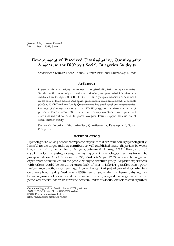 (PDF) Development of Perceived Discrimination Questionnaire: A measure ...