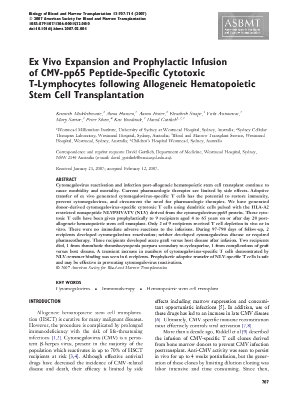 (PDF) Ex Vivo Expansion and Prophylactic Infusion of CMV-pp65 Peptide ...