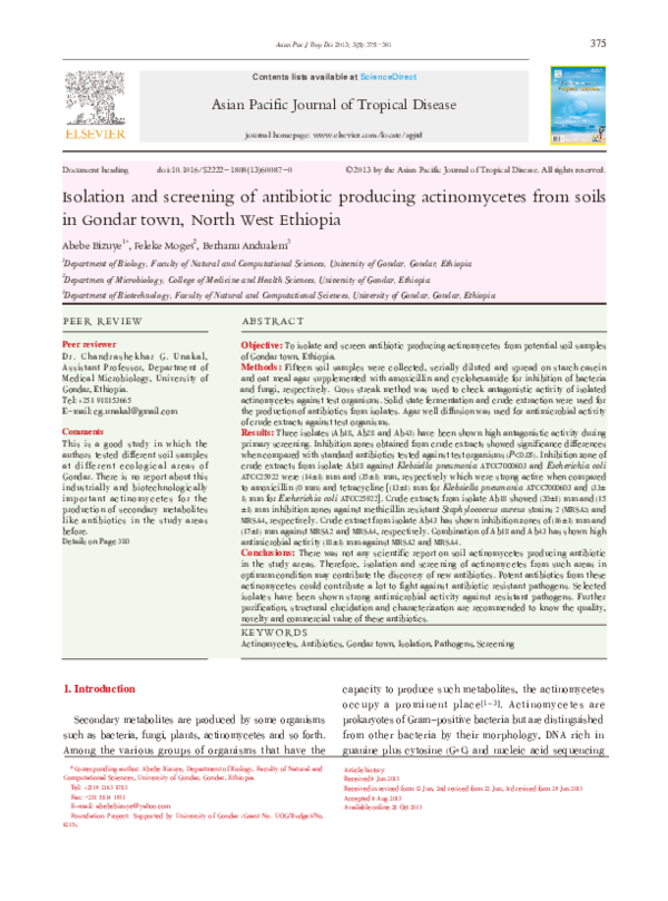 (PDF) Isolation and screening of antibiotic producing actinomycetes ...