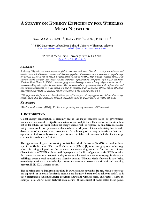 (PDF) A Survey on Energy Efficiency for Wireless Mesh Network
