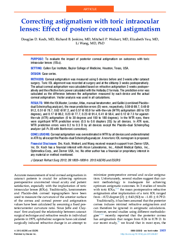 (PDF) Correcting astigmatism with toric intraocular lenses: Effect of ...