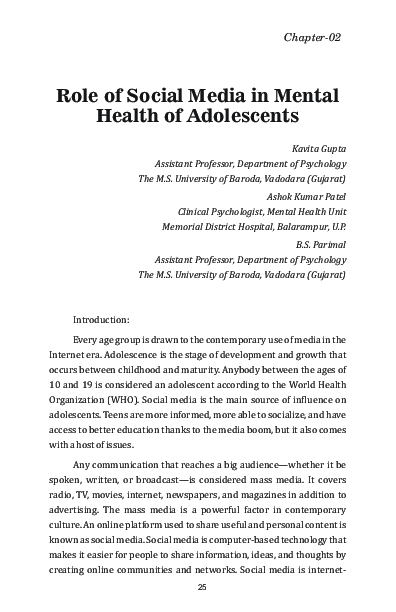 (PDF) Role of Social Media in Mental Health of Adolescents