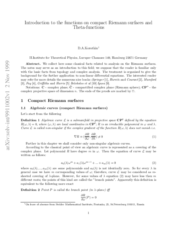 (PDF) Introduction to the functions on compact Riemann surfaces and ...