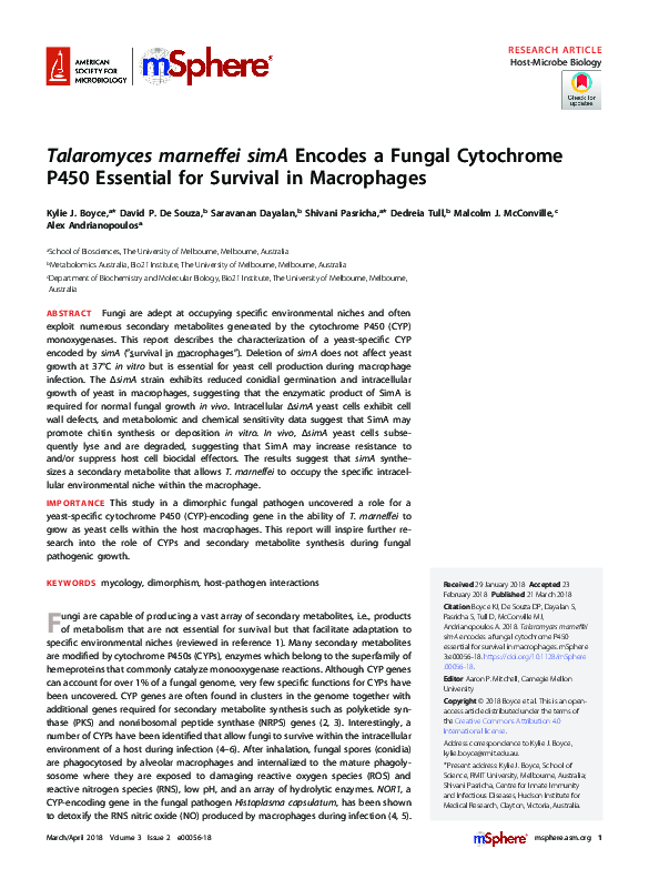(PDF) Talaromyces marneffei simA Encodes a Fungal Cytochrome P450 ...