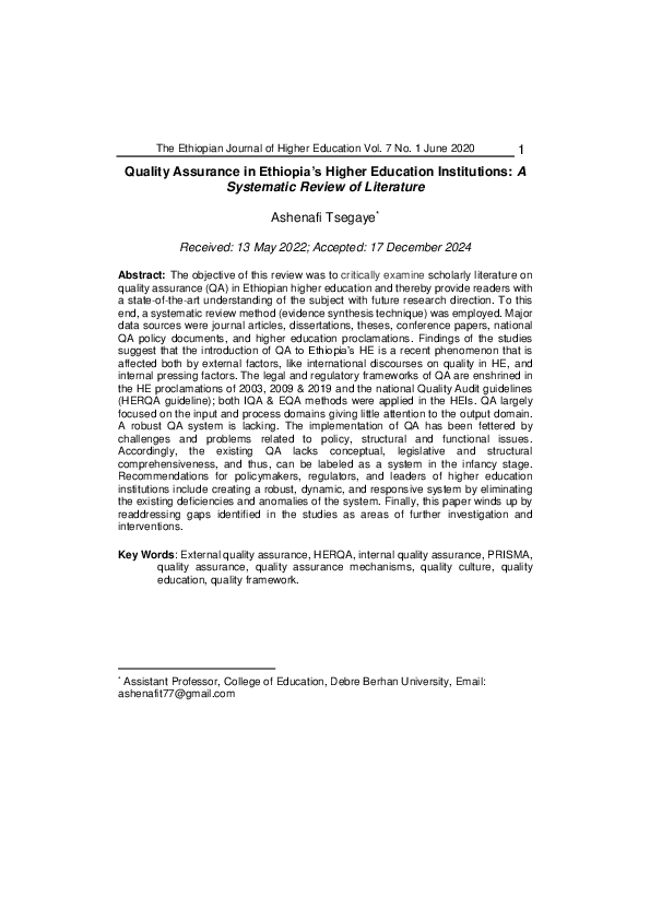 (PDF) Quality Assurance in Ethiopia's Higher Education Institutions: A ...