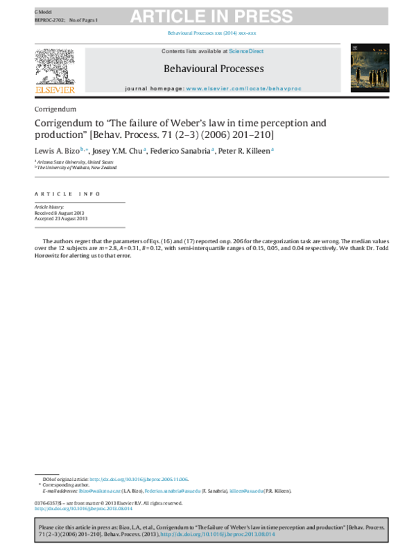 (PDF) Corrigendum to “The failure of Weber's law in time perception and ...