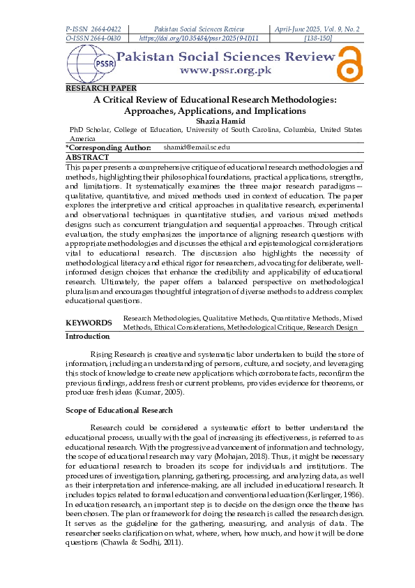 (PDF) A Critical Review of Educational Research Methodologies ...