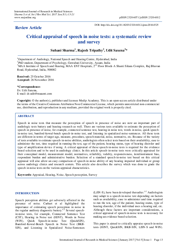 (PDF) Critical appraisal of speech in noise tests: a systematic review ...