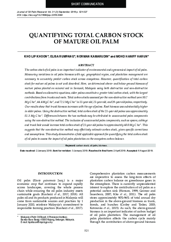 (PDF) Carbon stock of oil palm plantations and tropical forests in ...