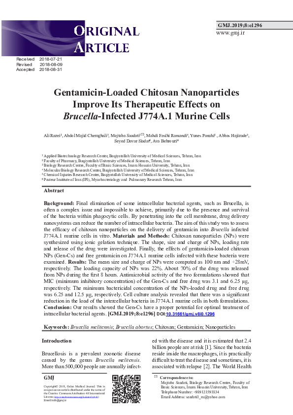 (PDF) Gentamicin-Loaded Chitosan Nanoparticles Improve Its Therapeutic ...