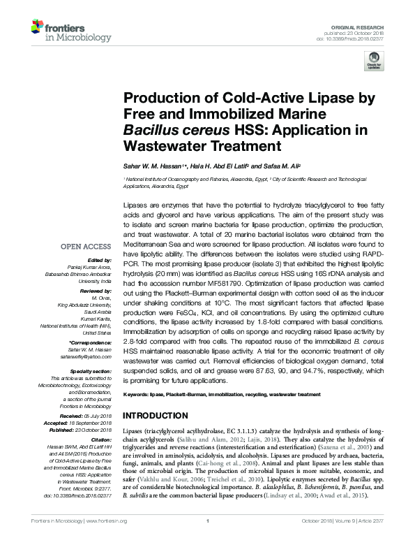 (PDF) Production of Cold-Active Lipase by Free and Immobilized Marine ...