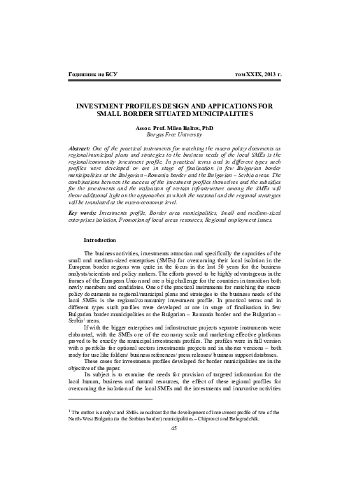 First page of “Investment Profiles Design and Appications for Small Border Situated Municipalities”