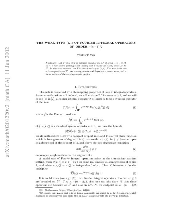 (PDF) The weak-type $(1,1)$ of Fourier integral operators of order $-(n ...