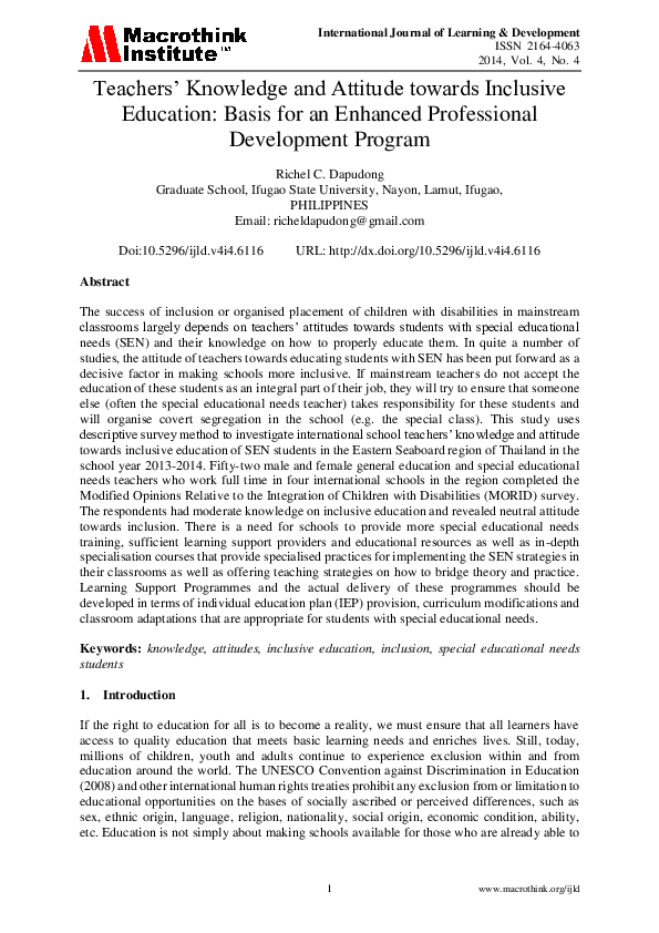 (PDF) Teachers' Knowledge and Attitude towards Inclusive Education ...