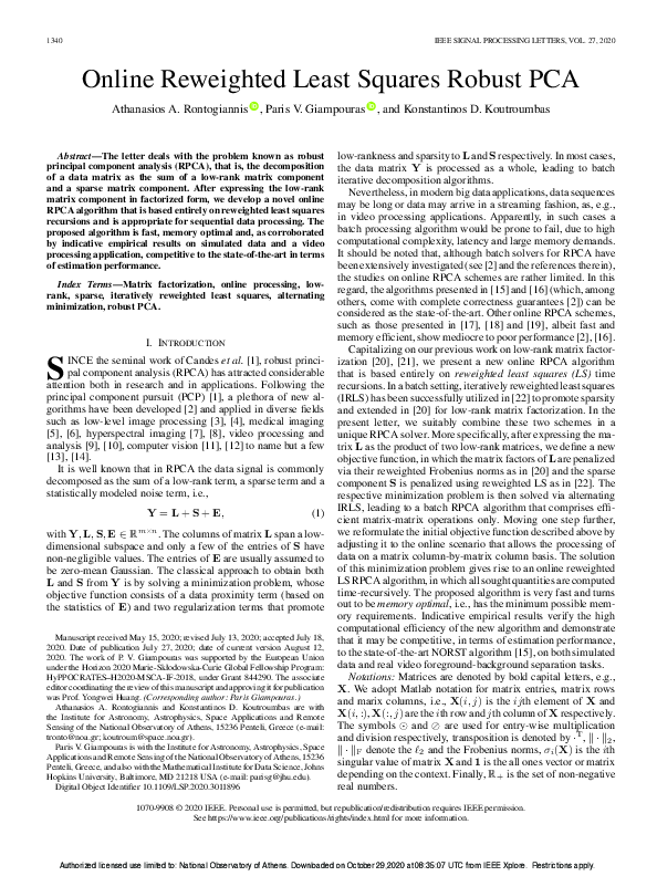 (PDF) Online Reweighted Least Squares Robust PCA