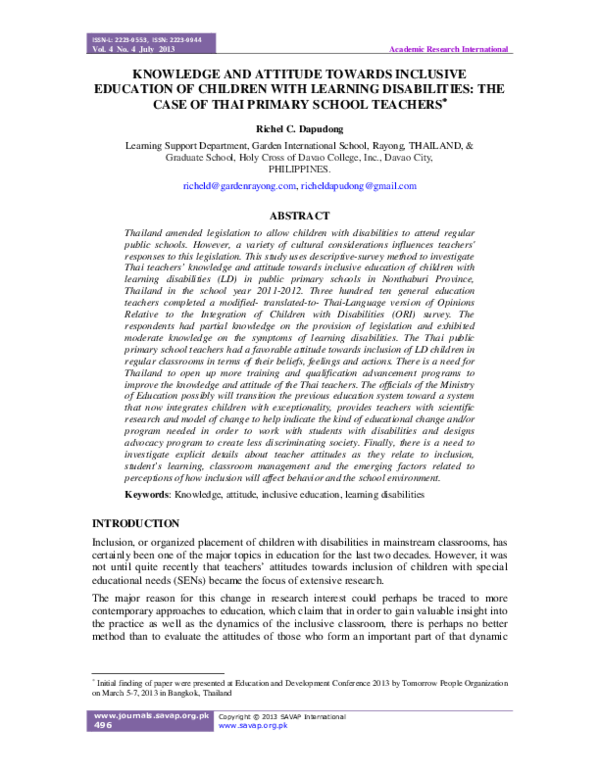 (PDF) KNOWLEDGE AND ATTITUDE TOWARDS INCLUSIVE EDUCATION OF CHILDREN ...