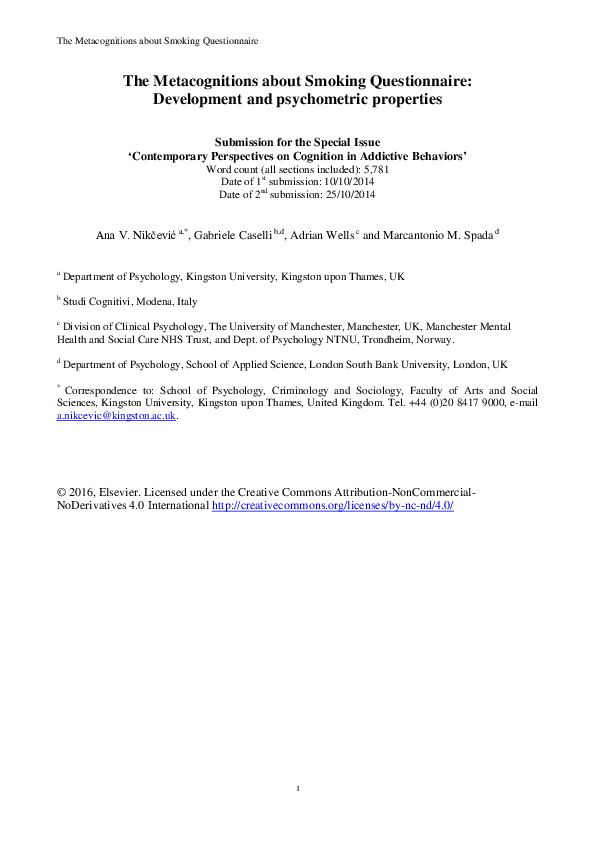 (PDF) The Metacognitions about Smoking Questionnaire: Development and ...
