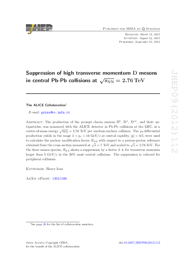 (PDF) Suppression of high transverse momentum D mesons in central Pb-Pb ...
