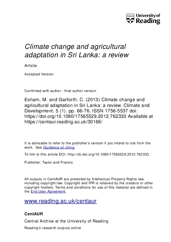 (PDF) Climate change and agricultural adaptation in Sri Lanka: a review