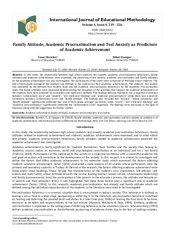 (PDF) Family Attitude, Academic Procrastination and Test Anxiety as ...