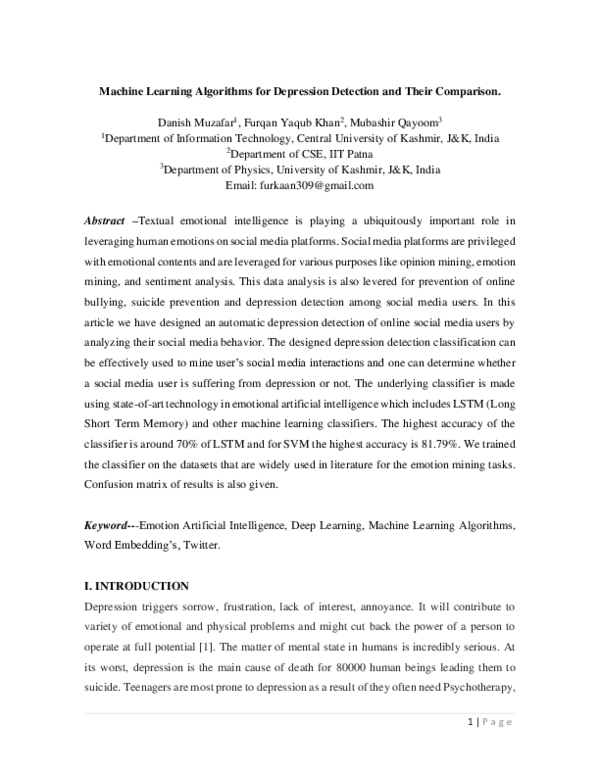 (PDF) Machine Learning Algorithms for Depression Detection and Their ...