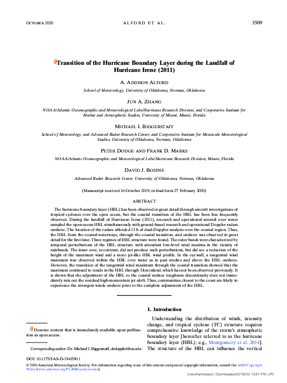 (PDF) Transition of the Hurricane Boundary Layer during the Landfall of ...