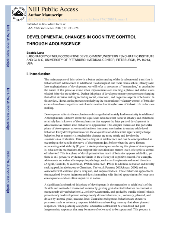 (PDF) Developmental Changes in Cognitive Control through Adolescence