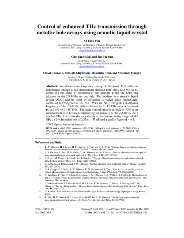 (PDF) Control of enhanced THz transmission through metallic hole arrays ...