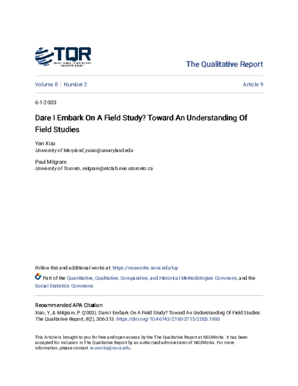 (PDF) Dare I Embark On A Field Study? Toward An Understanding Of Field ...