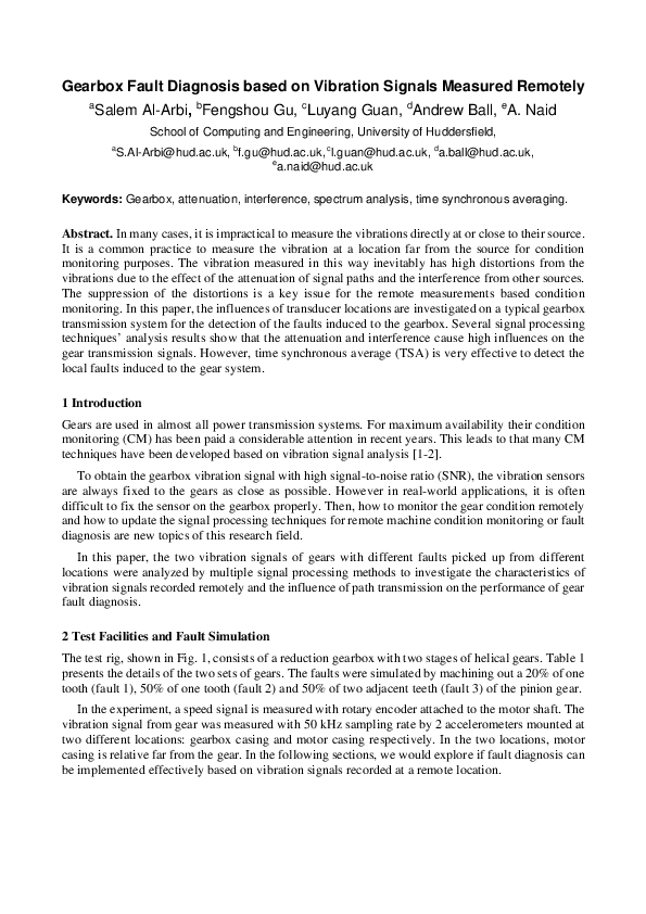 (PDF) Gearbox Fault Diagnosis Based on Vibration Signals Measured Remotely