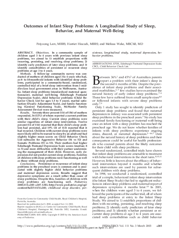 (PDF) Outcomes of Infant Sleep Problems: A Longitudinal Study of Sleep ...