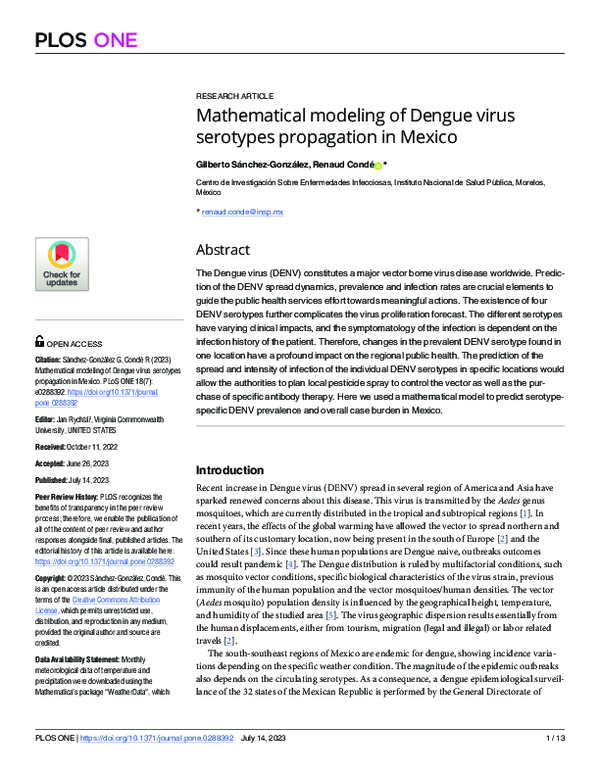 (PDF) Mathematical modeling of Dengue virus serotypes propagation in Mexico
