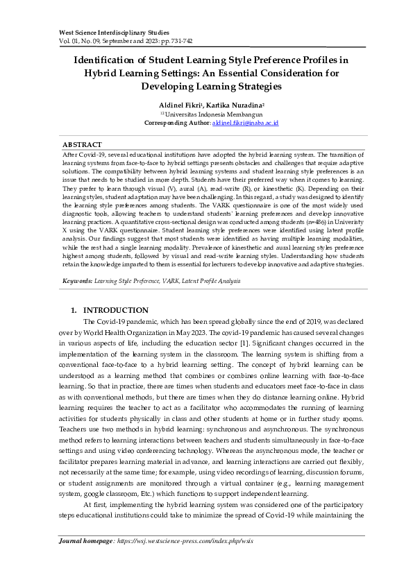 (PDF) Identification of Student Learning Style Preference Profiles in ...