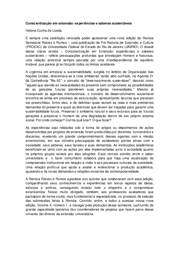 First page of “Conscientização em extensão: experiências e saberes sustentáveis”