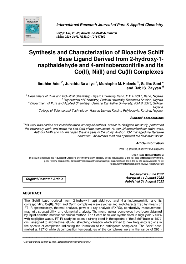(PDF) Synthesis and Characterization of Bioactive Schiff Base Ligand ...