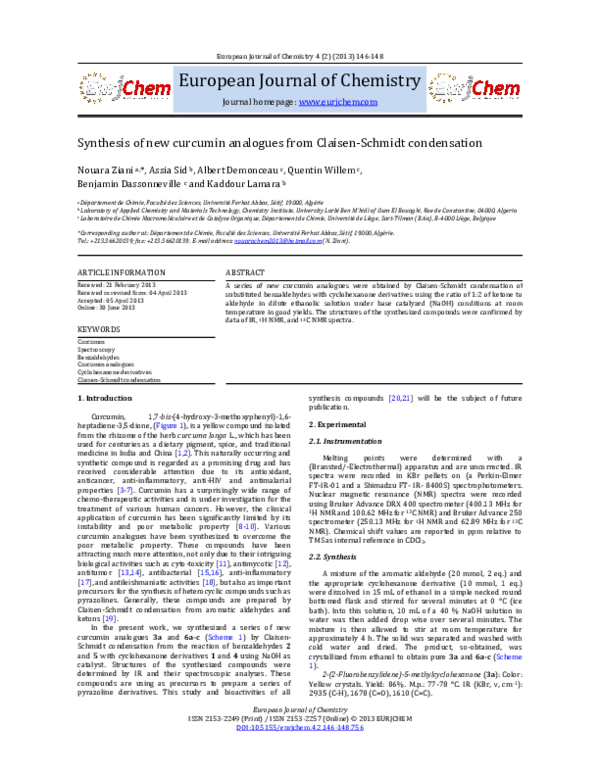 (PDF) Synthesis of new curcumin analogues from Claisen-Schmidt condensation