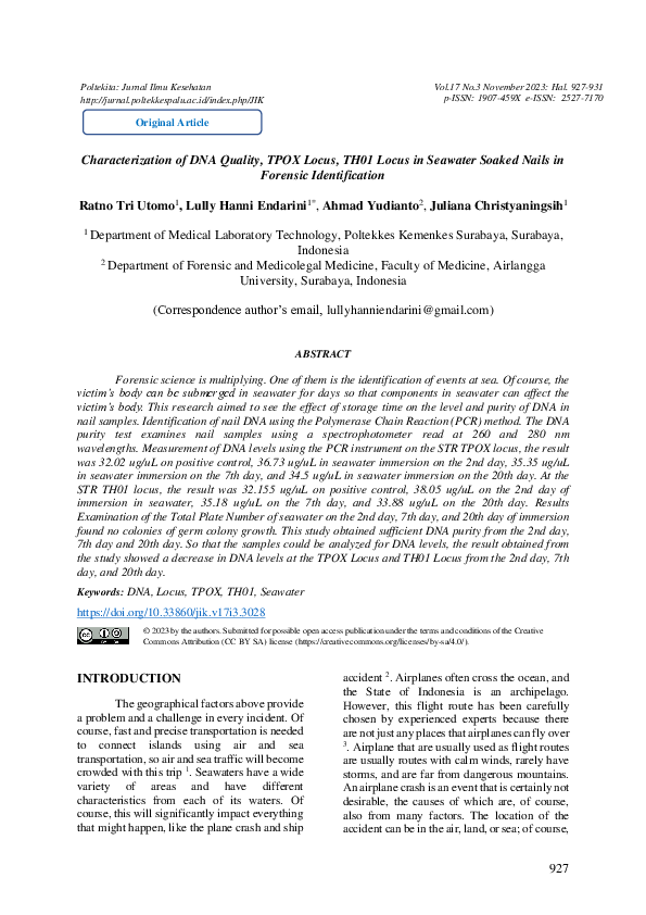 (PDF) Characterization of DNA Quality, TPOX Locus, TH01 Locus in ...
