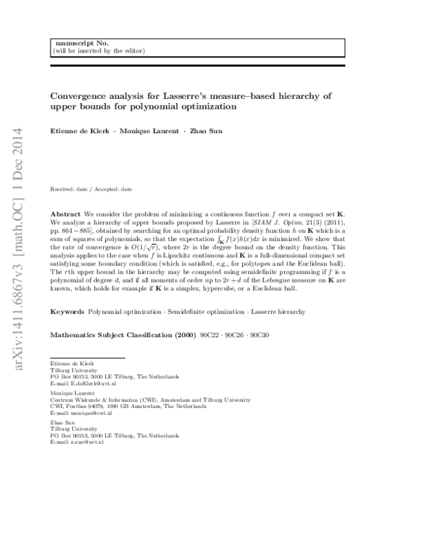 (PDF) Convergence analysis for Lasserre’s measure-based hierarchy of ...