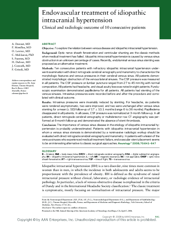 (PDF) Endovascular treatment of idiopathic intracranial hypertension ...