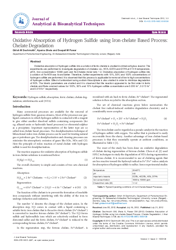 (PDF) Oxidative Absorption of Hydrogen Sulfide using Iron-chelate Based ...