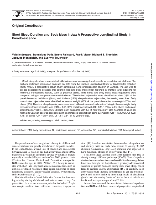 (PDF) Short Sleep Duration and Body Mass Index: A Prospective ...