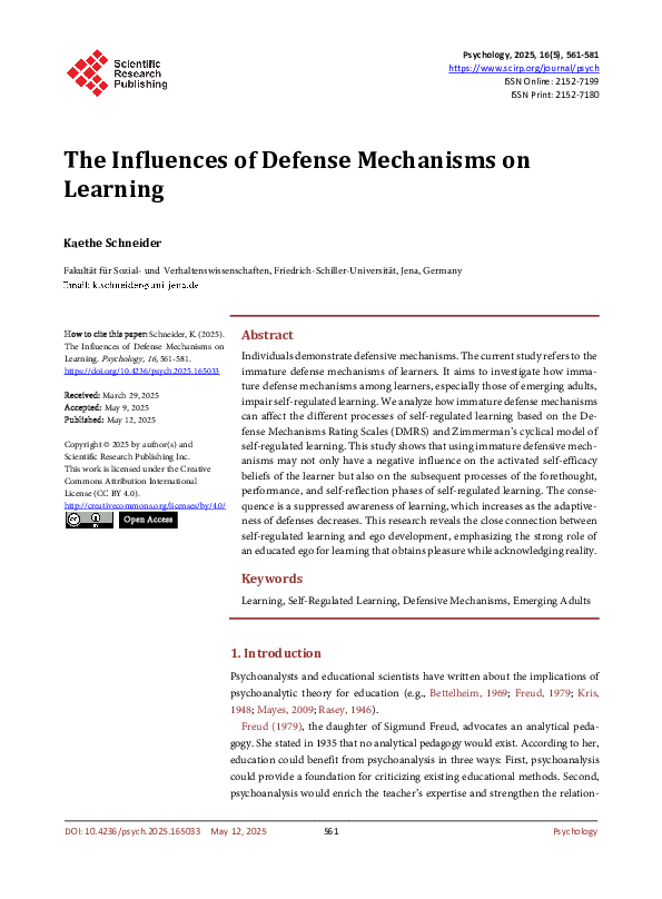(PDF) The Influences of Defense Mechanisms on Learning