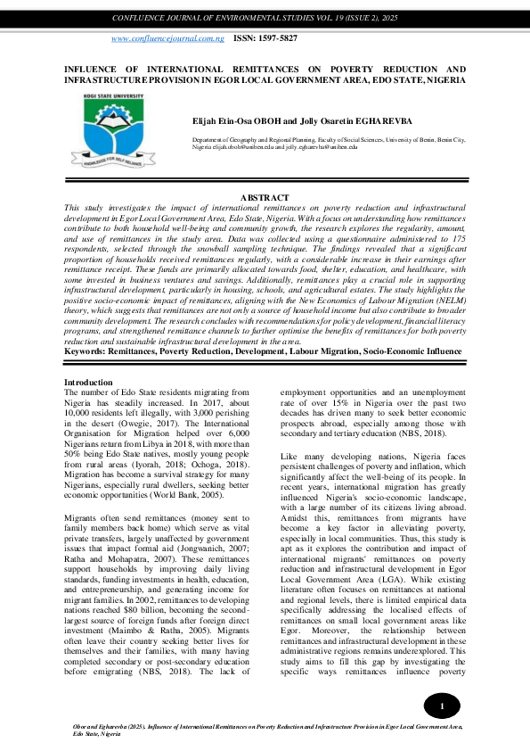 First page of “INFLUENCE OF INTERNATIONAL REMITTANCES ON POVERTY REDUCTION AND INFRASTRUCTURE PROVISION IN EGOR LOCAL GOVERNMENT AREA, EDO STATE, NIGERIA”