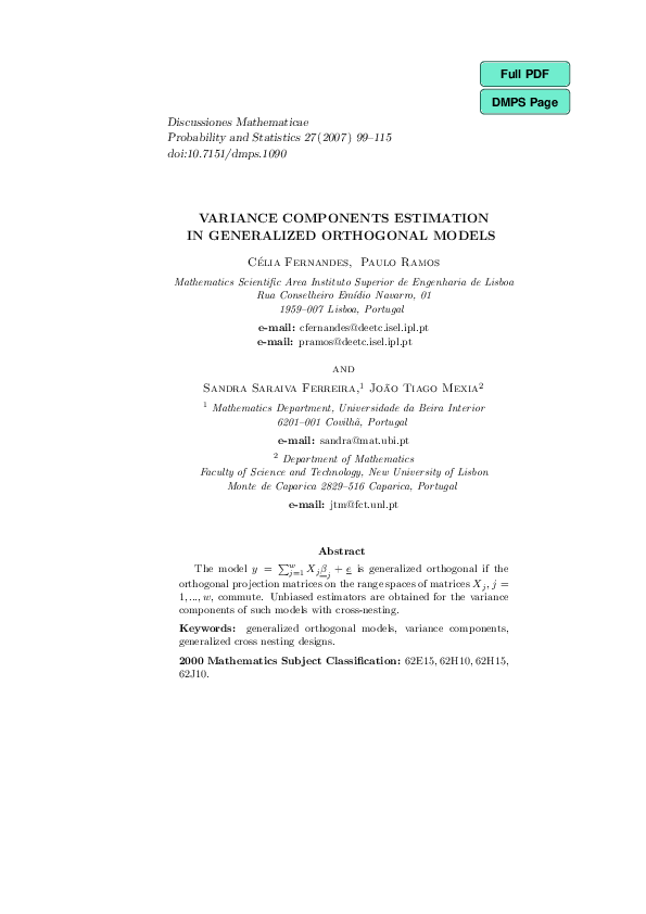 (PDF) Variance components estimation in generalized orthogonal models